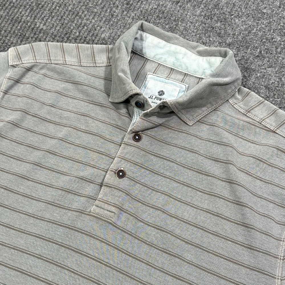J.L. Powell Polo Shirt Mens Large Gray Striped Short Sleeve Cotton Casual Pique